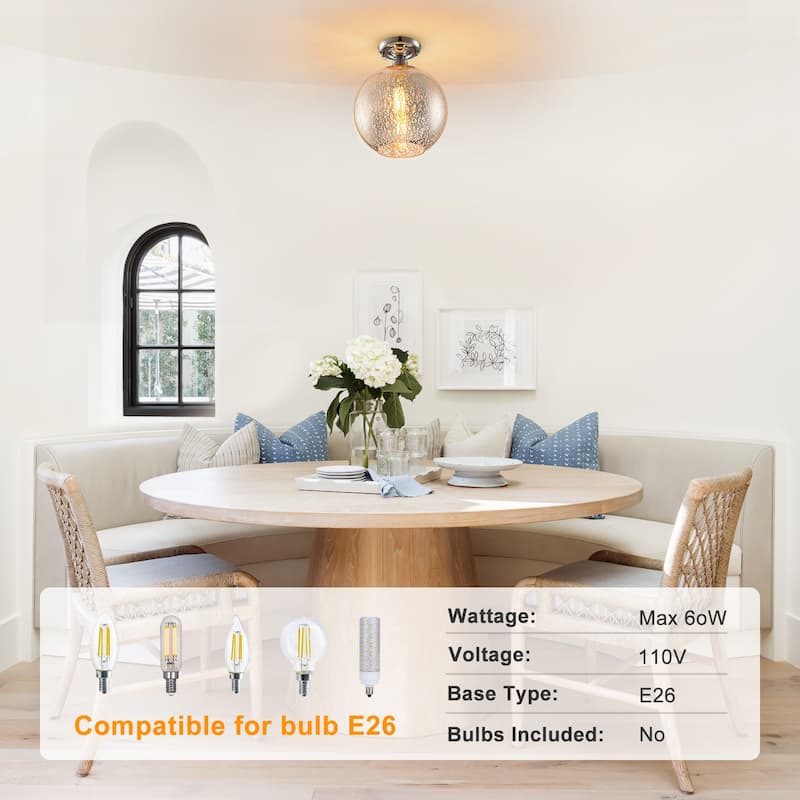 1 Light Semi-Flush Mount Ceiling Light with Cognac Crackle Glass Globe - Dia.10-in