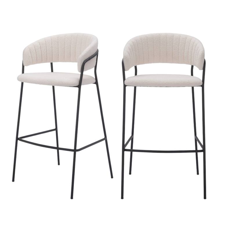Set of Two 30" Cream and Black Shearling and Steel Low Back Bar Height Bar Chairs