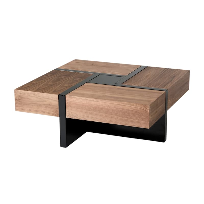 Modern Walnut and Black Square Coffee Table with Storage
