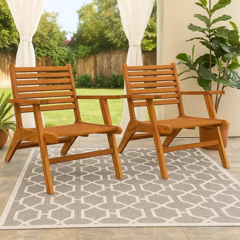 Outdoor Set of 2, Slatted Design, Acacia Wood, Brown Finish