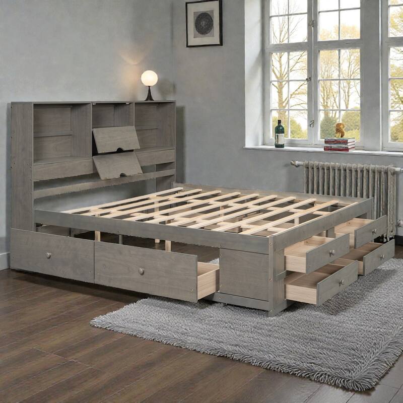 Platform Bed with Headboard Storage and 8 Drawers, Wood Bed Frame with Shelves and No Box Spring Needed