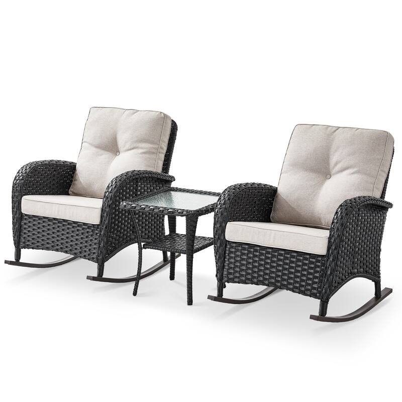PlainCurve 3-Piece Wicker Outdoor Patio Conversation Set with Rocking Chairs and Olefin Cushions