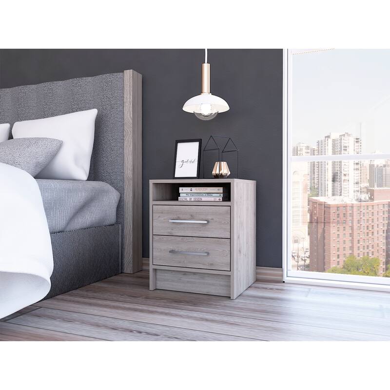 Light Grey Rectangle Nightstand with Two Drawers and Open Shelf - Light Gray