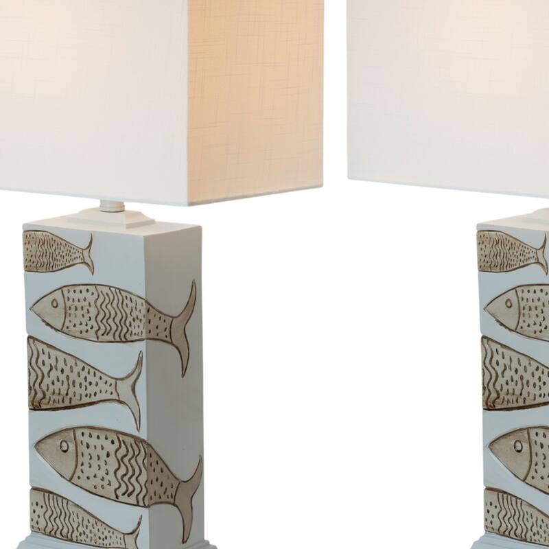 Blue Resin Table Lamp Set of 2 with White Linen Drum Shades and 3 Way Switch - 15” x 9” x 28” (D x W x H)