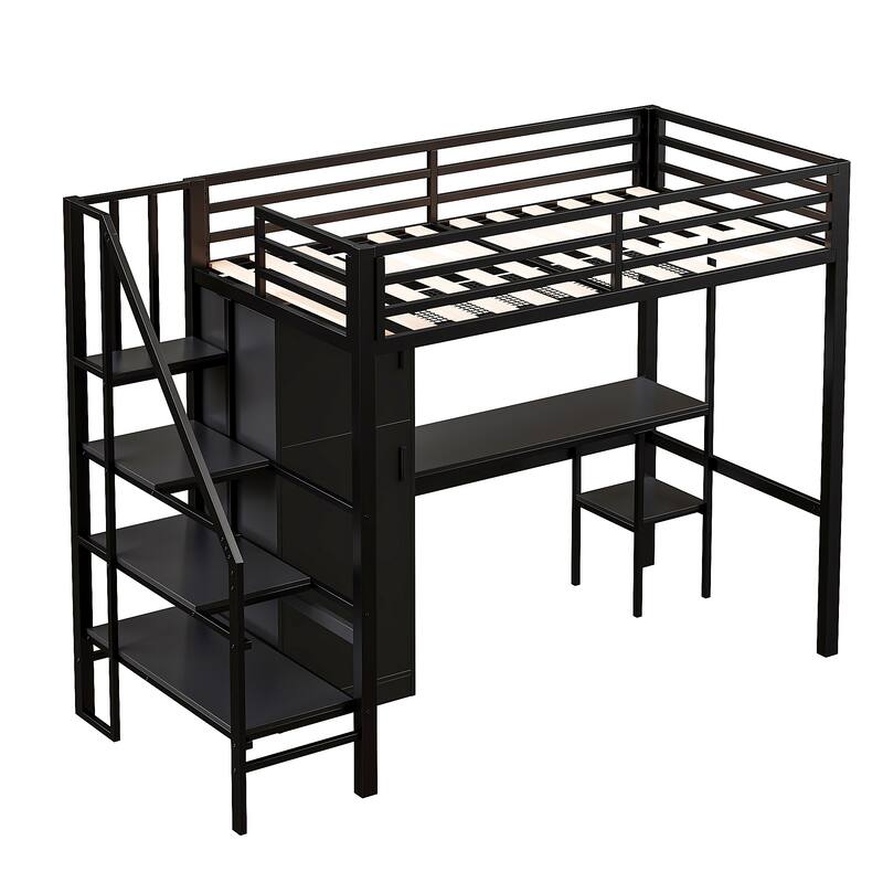 Metal Twin Loft Bed With Desk, Shelf, Wardrobe and Storage Staircase