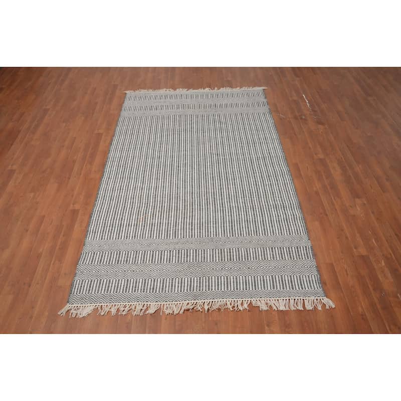 Hand Woven Oriental 100% Wool Carpet Traditional Geometric Greys & Charcoal Durrie-Kilim Area Rug - 8' 3'' X 5' 1''