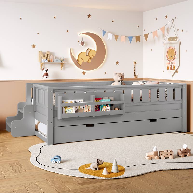 Full/Twin Loft Bed with Bookshelves, Safety Stairs & Trundle