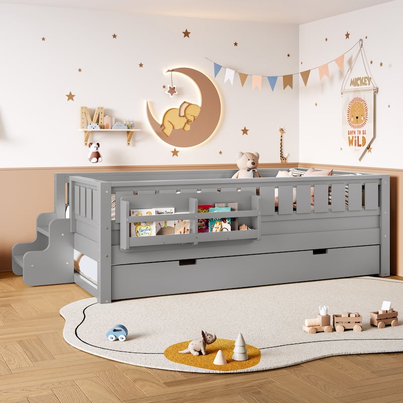 Roomfitters Floor Bed with Bookshelf and Trundle, Low Profile Frame with Step Entry