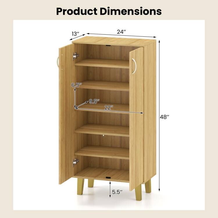 Oak MDF Wooden Shoe Cabinet with Double Doors, Shelves and Storage - 24" x 13" x 48"