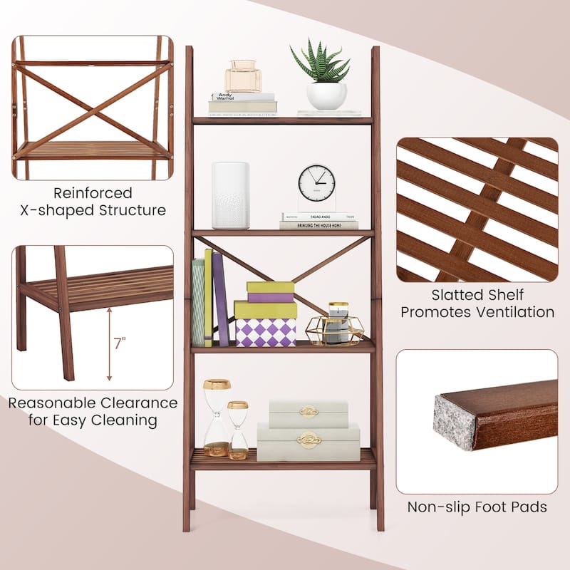Gymax 2 PCS 4-Tier Bamboo Ladder Bookshelf 58'' Display Shelf Storage