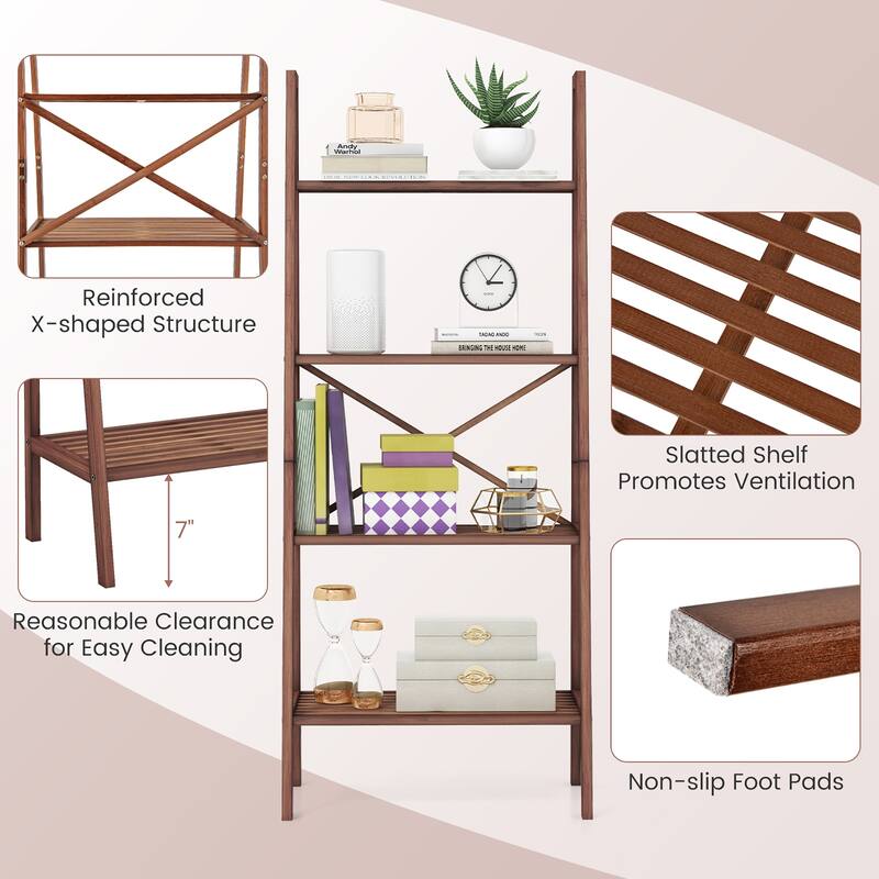Gymax 4-Tier Bamboo Ladder Bookshelf 58'' Display Shelf Storage Rack