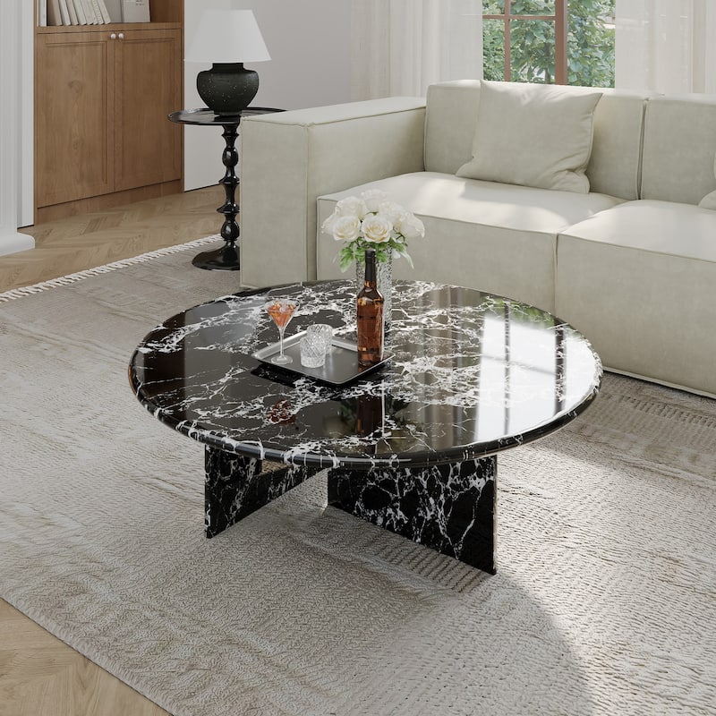 35.43"Modern Round Coffee Table,Glossy Faux Marble Table top