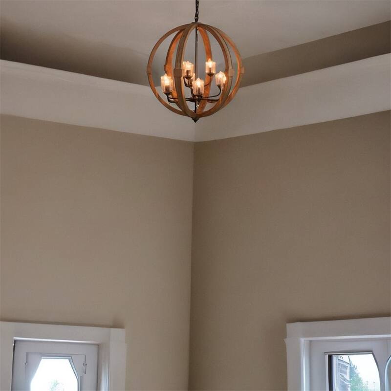 9- Light Globe Wood Chandelier with Adjustable Chain (No Bulb) - N/A - Brown