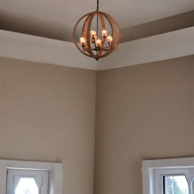 9- Light Globe Wood Chandelier with Adjustable Chain (No Bulb) - N/A