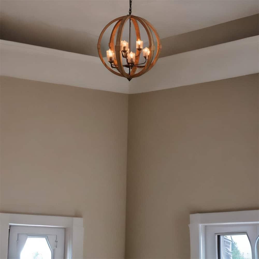 9- Light Globe Wood Chandelier with Adjustable Chain (No Bulb) - N/A