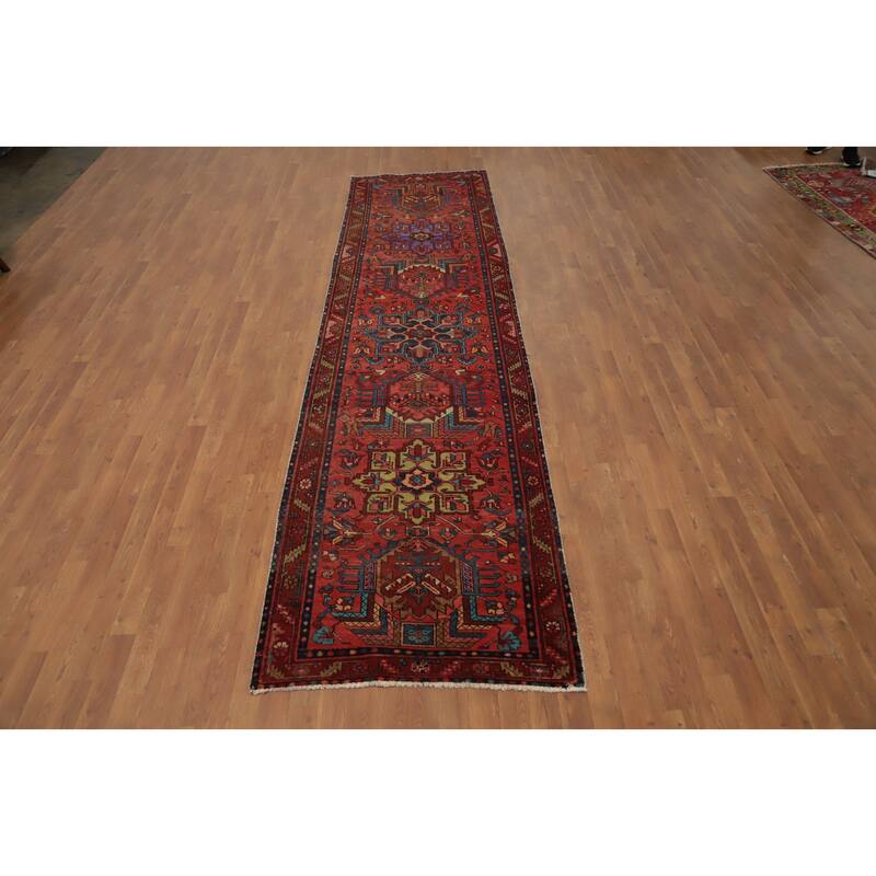 Hand Knotted Oriental 100% Wool Carpet Traditional Floral Oranges & Rust Heriz Runner Rug - 12' 8'' X 3' 3''