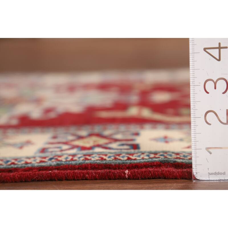 Red Geometric Kazak Runner Rug Handmade Oriental Wool Carpet - 2'9" x 10'1"