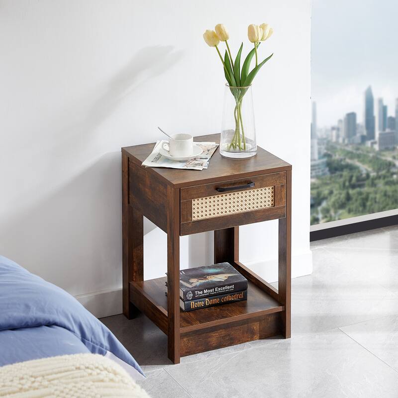 15.75" Rattan End table with drawer, Modern nightstand, side table for living roon, bedroom,natural