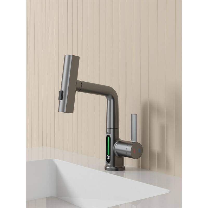 Pull Out Lift Bathroom Sink Faucet with LED Temperature Digital Display and 3 Water Spray Modes, Corrosion Resistant