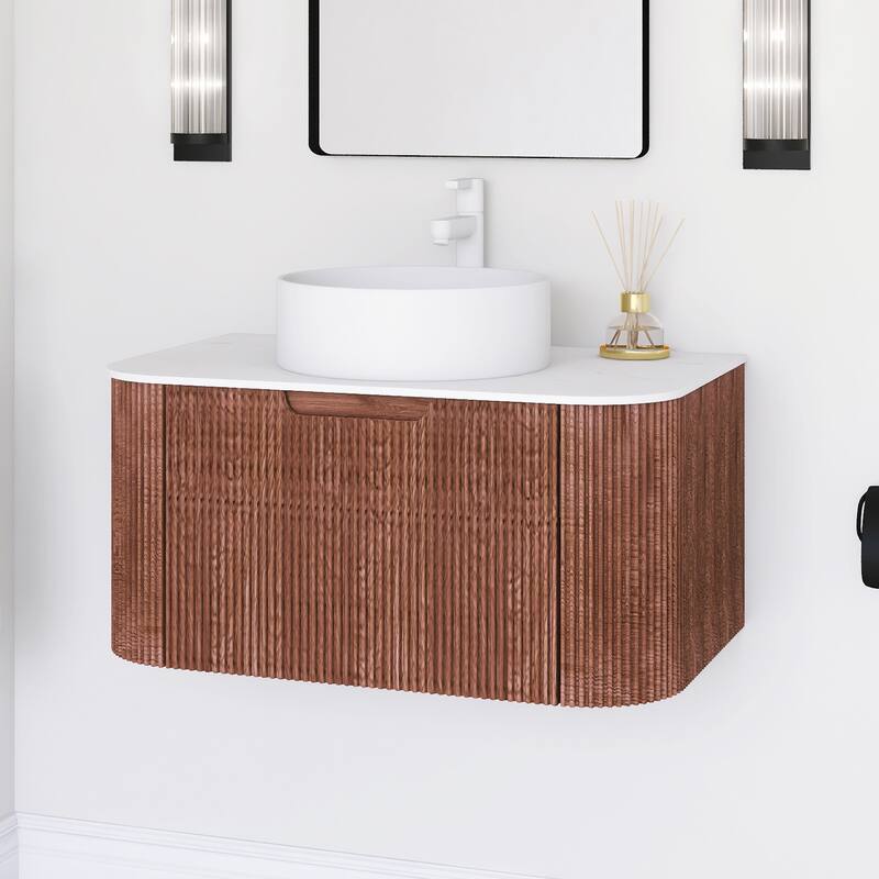 Plywood Wall-Mounted Bathroom Vanity Set with Integrated Ceramic Sink in Natural Wood