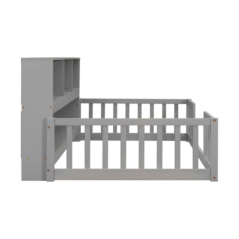 Twin Floor Bed with Bedside Bookcase,Shelves,Guardrails