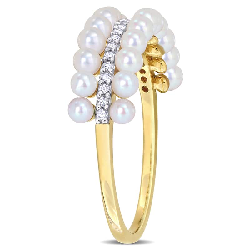 Miadora 2-2.5mm Cultured Freshwater Double-Row Pearl and 1/10ct TDW Diamond Ring in 14k Yellow Gold