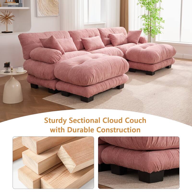GALDWIN Velvet Upholstered 3-Seater Comfy U-shaped Cloud Tufted Free Combined Sectional Sofa with 2 Ottomans