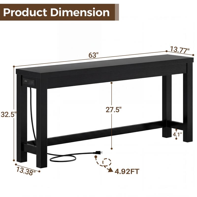 63-In Console Table with Charging Station, Farmhouse Entryway Table/ Behind Couch Table