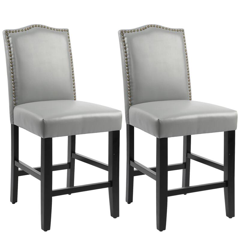 24 Inches Faux Leather Counter Height Bar Stools with Nailhead Trim - Grey-2-piece