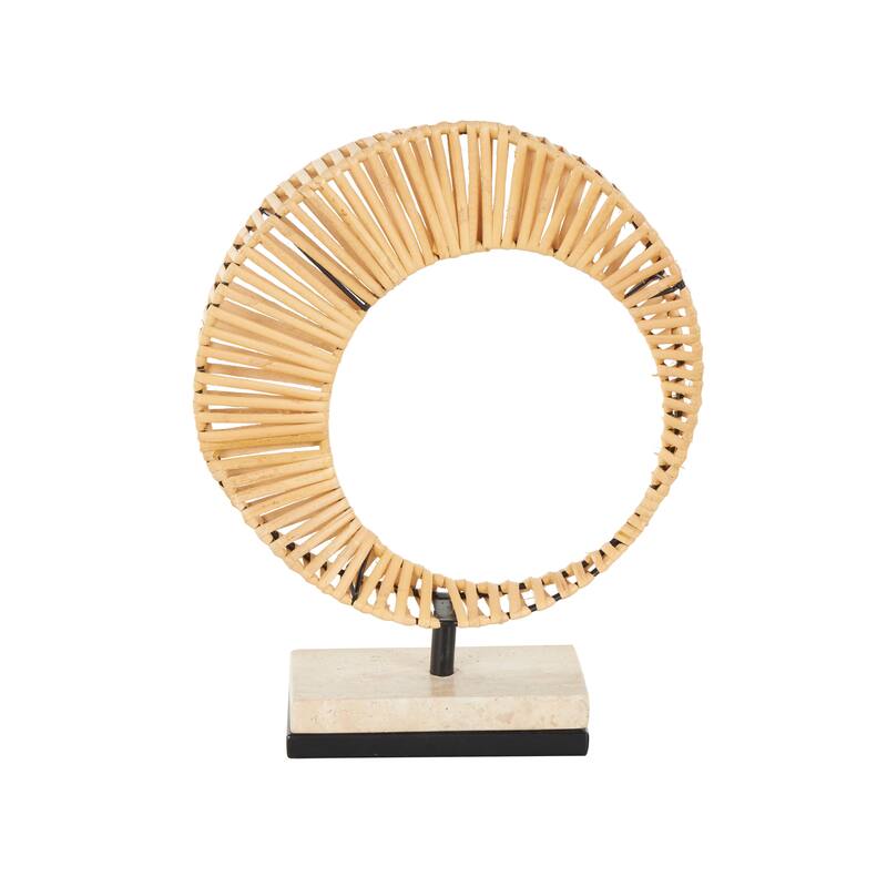 Brown Rattan Handmade Mobius Strip Inspired Abstract Sculpture with White Marble Base
