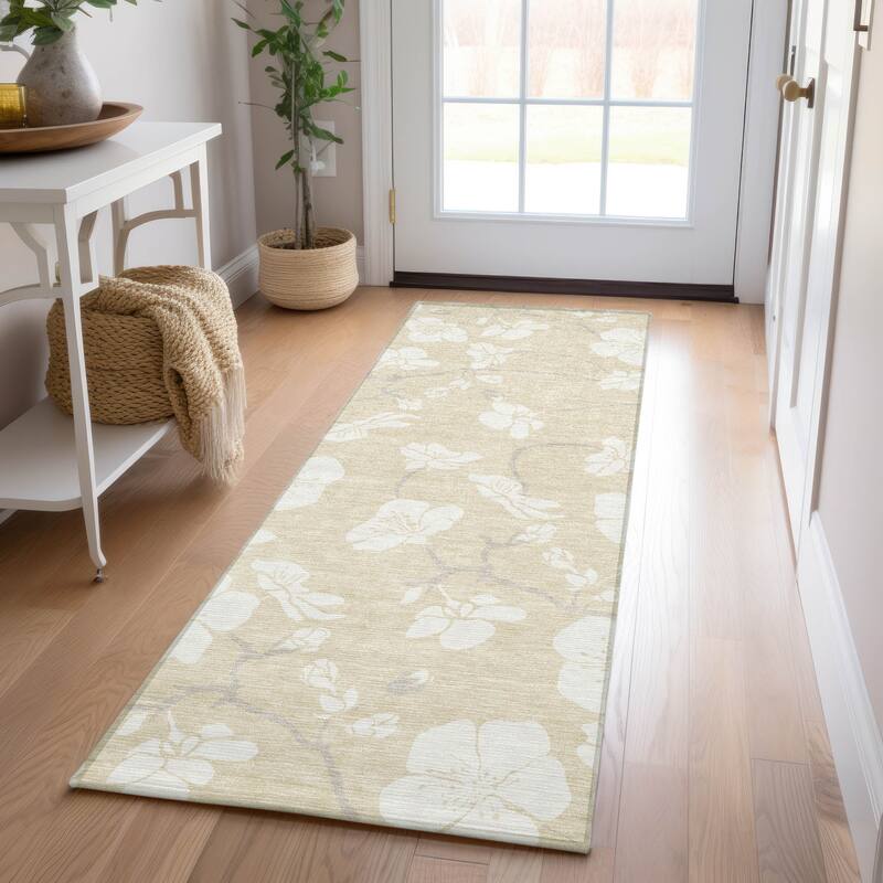 Machine Washable Indoor/ Outdoor Calm Floral Chantille Rug - Beige - 2'3" x 7'6"