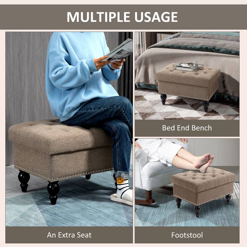 HOMCOM Storage Ottoman with Removable Lid, Button-Tufted Fabric Bench for Footrest and Seat with Wood Legs