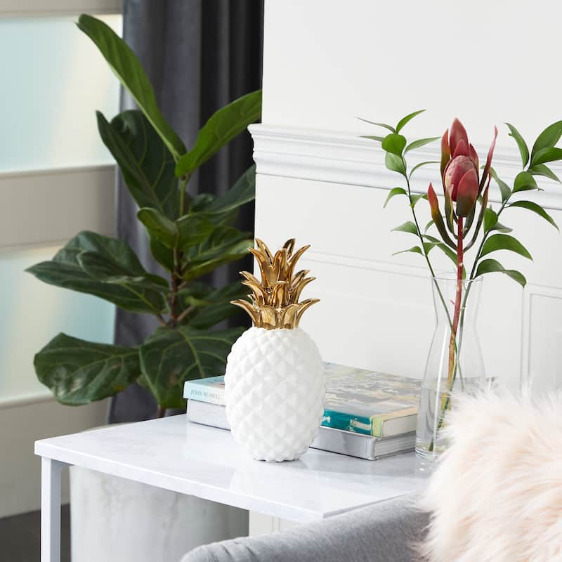 CosmoLiving by Cosmopolitan White Porcelain Ceramic Faceted Pineapple Fruit Decorative Sculpture with Gold Leaves