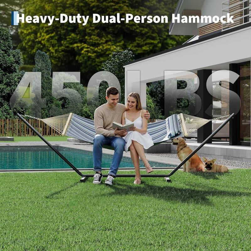 Heavy Duty Portable Double Hammock with Stand for Outdoor Patio, Garden, Beach, Backyard