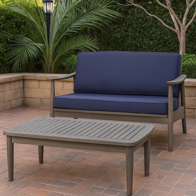 Roxy 2pc Outdoor Loveseat and Coffee Table Set, Acacia Wood, Dark Gray