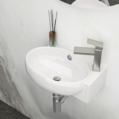 16 in. x 11 in. White Ceramic Rectangle Wall Mount Bathroom Sink with Single Faucet Hole (Right Faucet Hole) - 16x11 inch