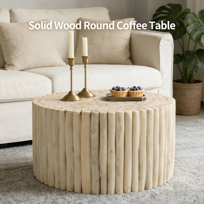 Handcrafted Round Teak Wood Log Coffee Table Accent Side Table