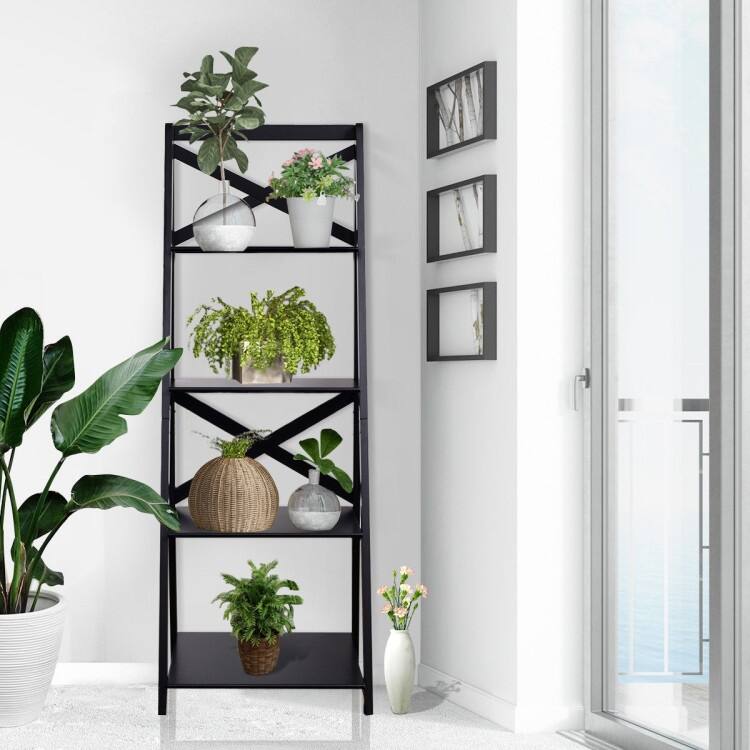 4-Tier Leaning Free Standing Ladder Shelf Bookcase - 20" x 18" x 56" (L x W x H)
