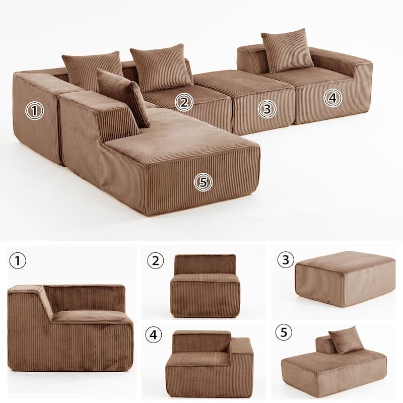 Corduroy Modular Sectional Sofa with Chaise Lounge, Deep Seat, Ottoman
