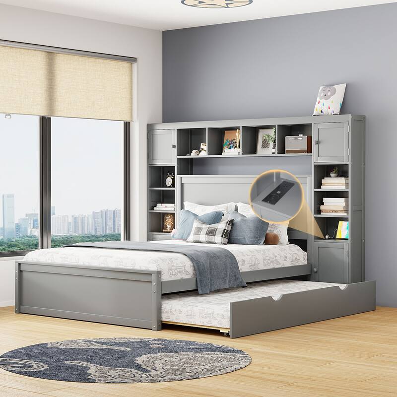 Solid Wood Storage Bed Frame with Twin Size Trundle & 2 Drawers, Wooden Platform Bed All-in-One Panel Bed Set with Cabinets - Gray - Queen