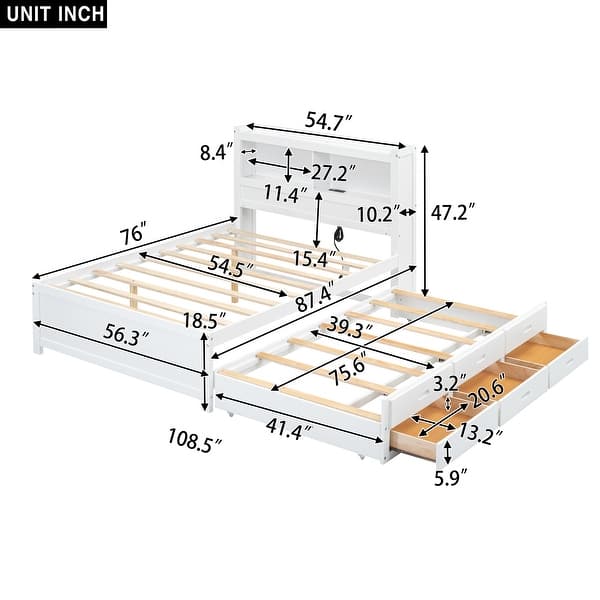 dimension image slide 1 of 2, Full Size Platform Bed Frame with Trundle, Storage Drawers, USB Ports, and Shelves for Bedroom, Easy to Assemble, White