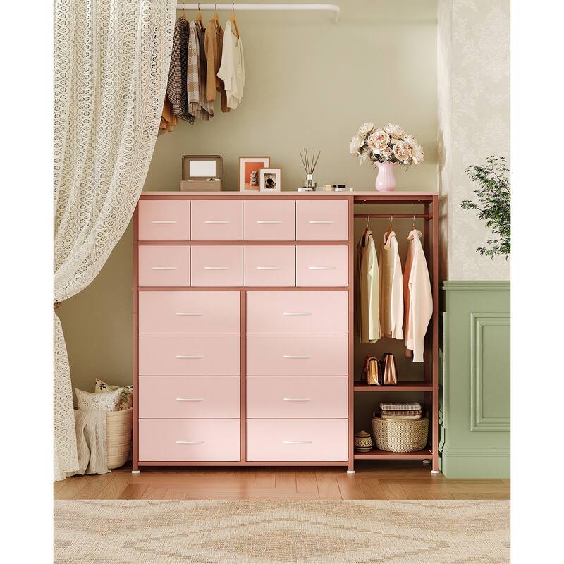 16 Drawers Dresser with Clothes Rack, Fabric Storage Tower Drawers Organizer Unit