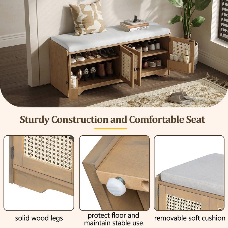Rustic Storage Bench with Removable Cushion and Woven Rattan Doors