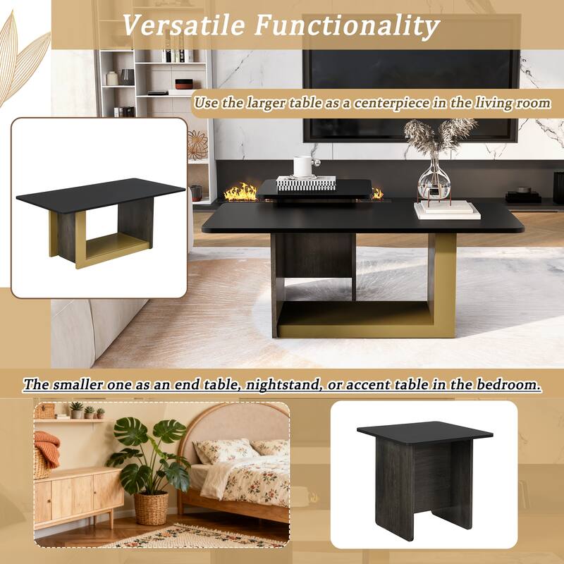 Modern 2-Piece Coffee Table Set, Small Square End Table with Spacious Top, Center Table for Living Room
