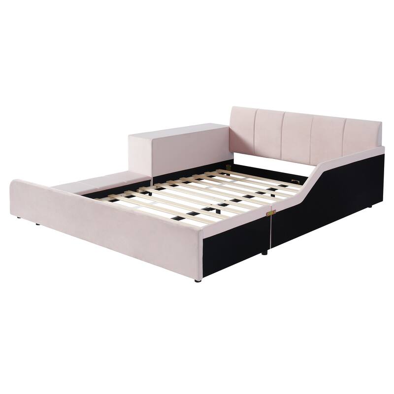Queen Size Upholstered Grounded Bed, Mother & Child Bed with Bedside Desk and Little Round Stool, Velvet