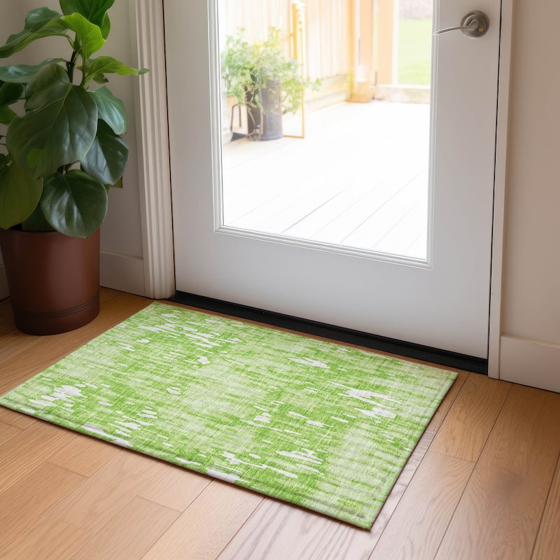 Machine Washable Indoor/ Outdoor Modern Watercolor Chantille Rug - Lime - 1'8" x 2'6"