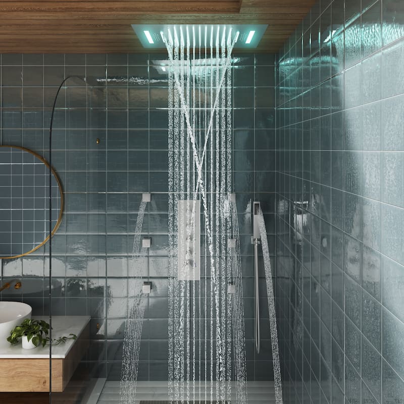 Luxury 4-Spray Patterns 23 in. Ceiling Mount Shower System with Handheld Shower Head, 6 Body Jets, LED, and Music - 15" x 23"