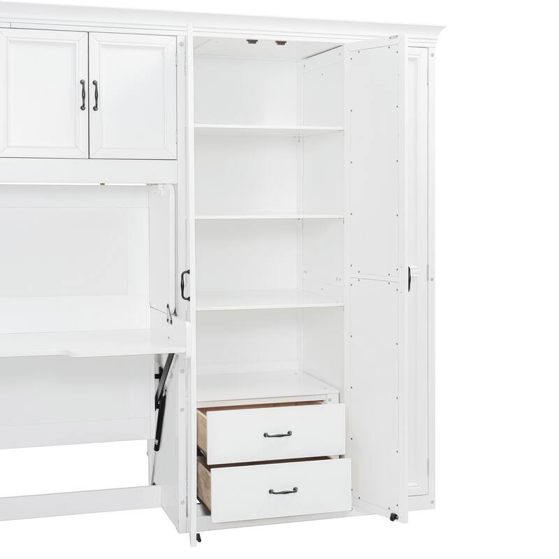 Twin Size Murphy Bed Wood Wall Bed with Wardrobe Desk Cabinet and Drawers, Murphy Bed with Workstation for Studio Apartment