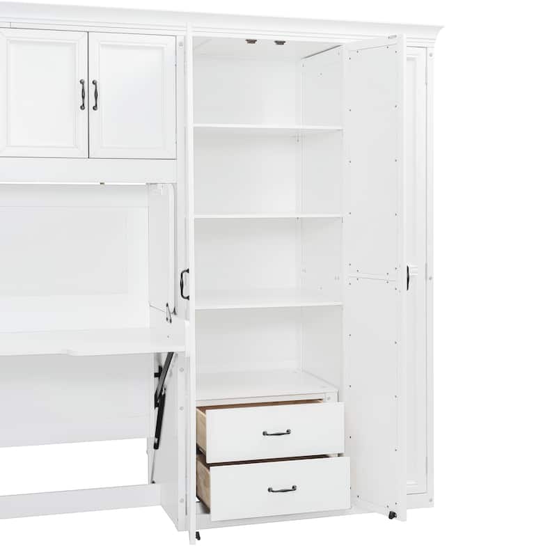 Versatile Twin Size Murphy Bed Fold-down Storage Wall Bed with Temporary Desk, Top Cabinets, Side Wardrobe, Drawers and Shelves