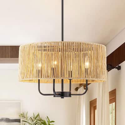 4 - Light Coastal Hand-woven Drum Chandelier - 19.7 in. W x 90.6 in. H